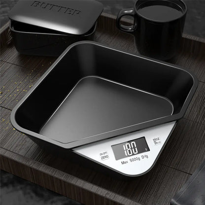 Digital kitchen scale with detachable black tray, LCD display showing weight in grams, precise food weighing tool for cooking, baking, meal prep, and pet food measurement