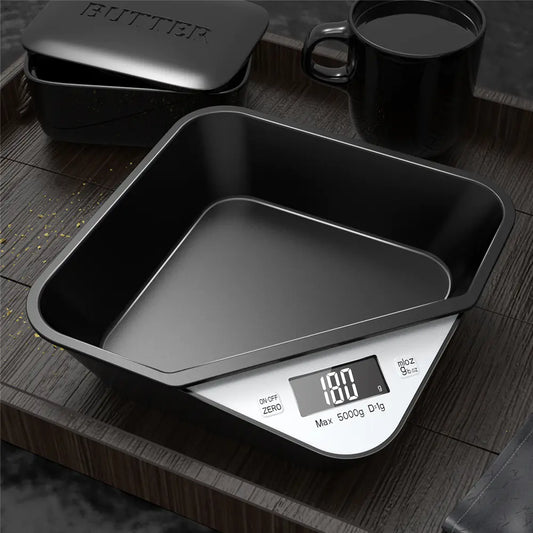 Digital kitchen scale with detachable black tray, LCD display showing weight in grams, precise food weighing tool for cooking, baking, meal prep, and pet food measurement