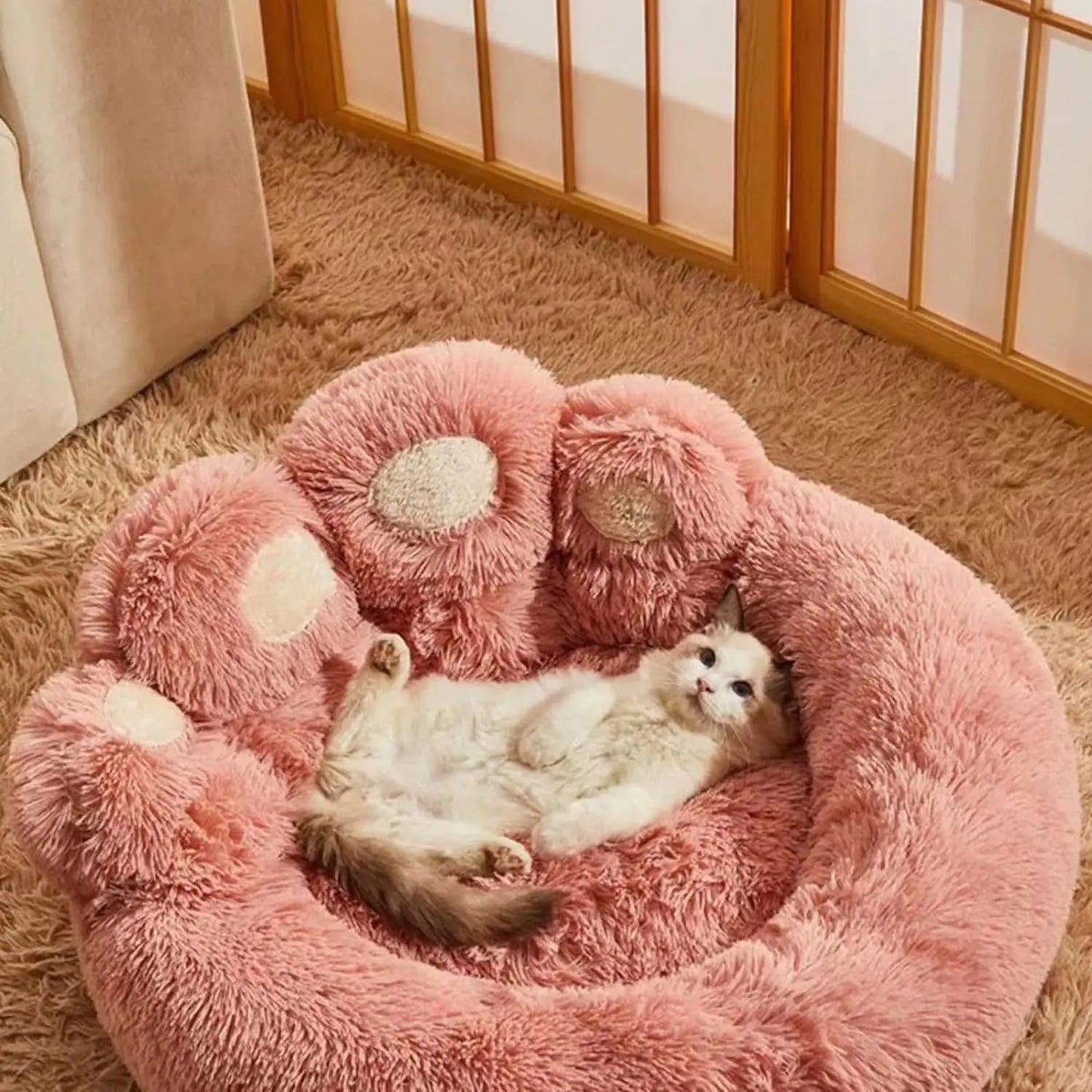 Fluffy cat paw bed – soft plush pet bed for cats and small dogs, cozy round cushion for indoor sleeping
