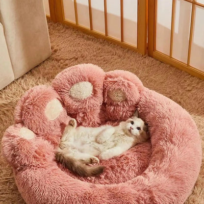 Fluffy cat paw bed – soft plush pet bed for cats and small dogs, cozy round cushion for indoor sleeping