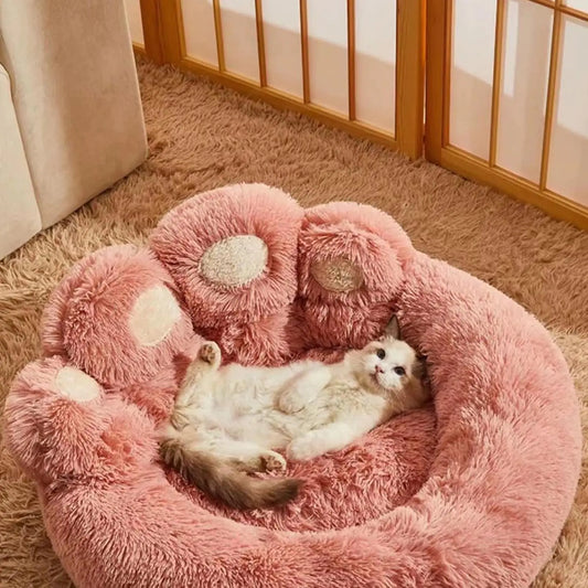Fluffy cat paw bed – soft plush pet bed for cats and small dogs, cozy round cushion for indoor sleeping