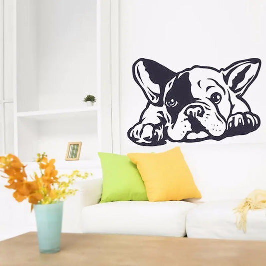 French Bulldog wall decal in black and white, cute dog face wall sticker for living room or bedroom décor, pet lover home decoration