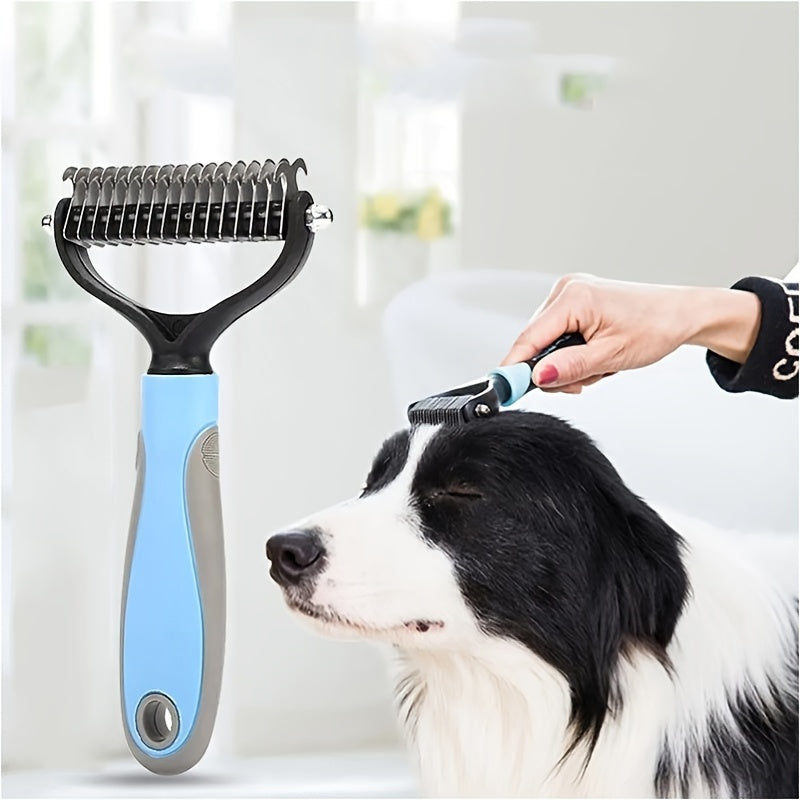 Double-sided pet dematting rake with ergonomic handle, used for grooming and detangling dog fur