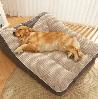 Large orthopedic dog bed with soft cushion – golden retriever sleeping comfortably on grey and beige pet mattress for medium and large dogs