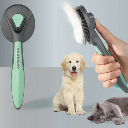 Pet grooming brush with self-cleaning button, shown removing fur from bristles, suitable for dogs and cats