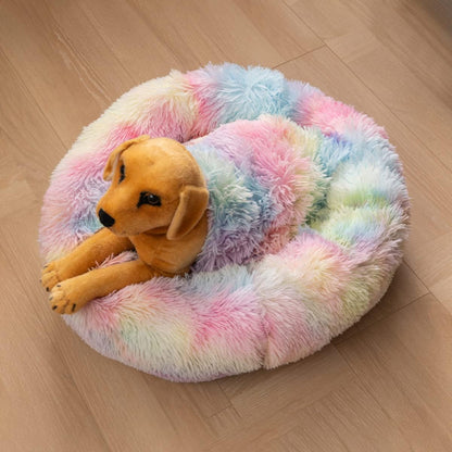 Rainbow fluffy dog bed – cozy round plush pet bed in pastel colors with soft cushion for small dogs, puppies, and cats