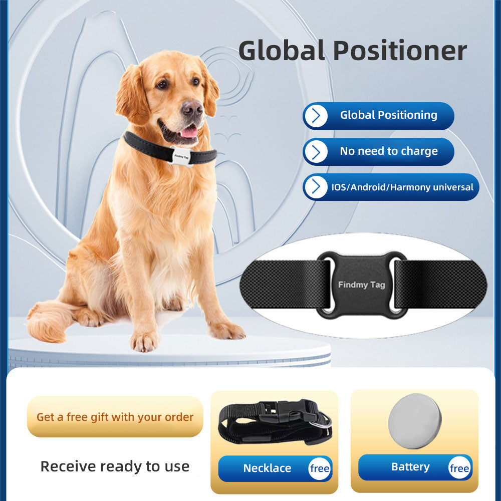 Dog GPS tracker collar with global positioning, no charging required, compatible with iOS, Android, and Harmony devices. Includes free necklace and battery