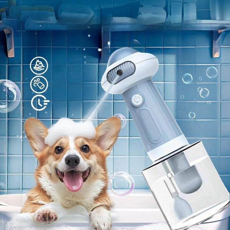 Happy Corgi dog enjoying bath with pet shower sprayer, handheld dog grooming tool with soap dispenser, easy pet bathing and cleaning accessory