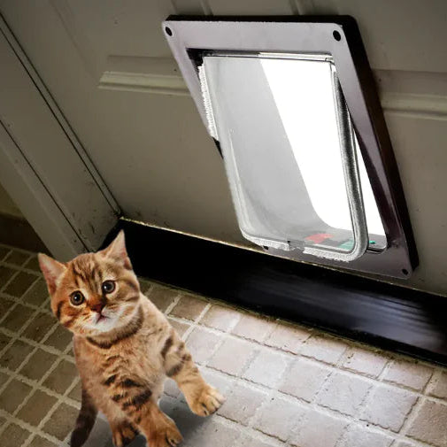Brown tabby cat next to pet door flap – durable cat door for interior and exterior doors, easy access for cats and small pets