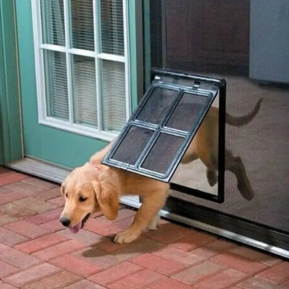 Golden Retriever puppy using pet door flap – doggie door for sliding glass doors