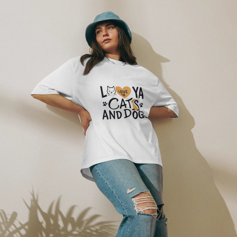 White over sized T-shirt with cat and dog graphic design – stylish unisex pet lover shirt, casual animal print tee for everyday wear