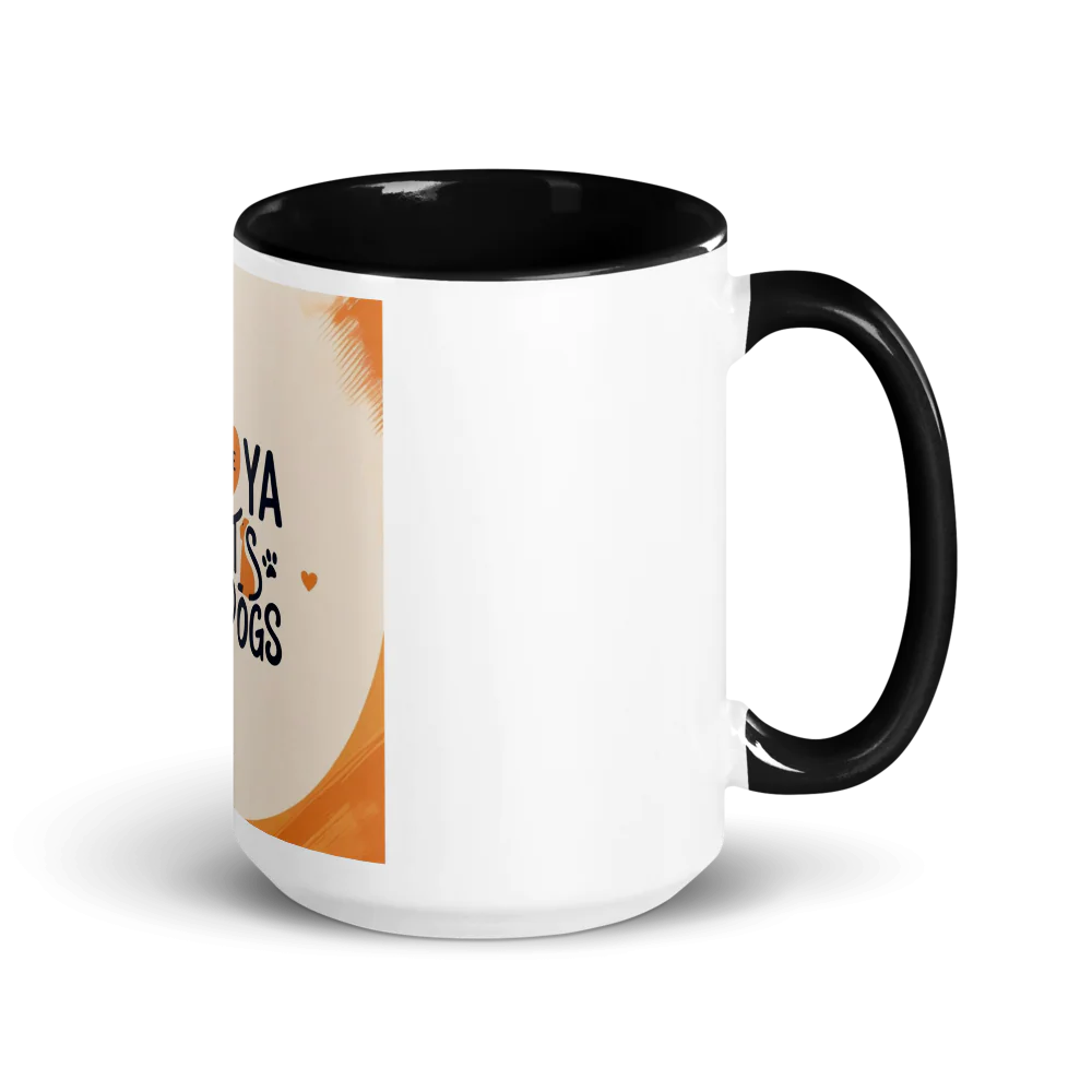 Ceramic coffee mug with cat and dog design – durable pet lover cup with black handle and rim, perfect gift for animal lovers