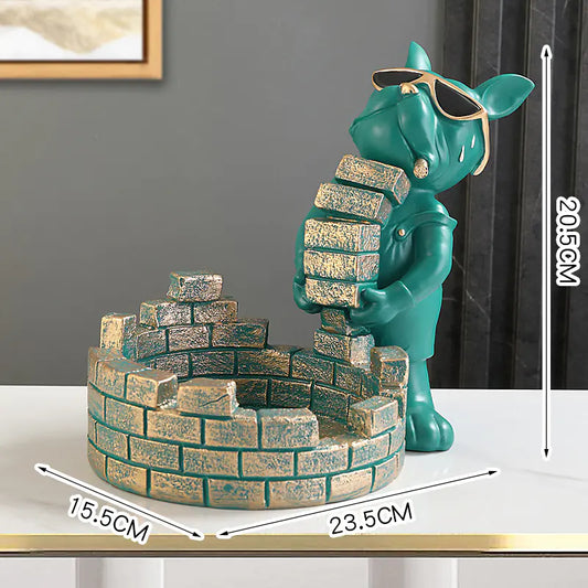 Decorative French Bulldog figurine with sunglasses holding bricks, modern resin dog statue with storage bowl, home decor centerpiece