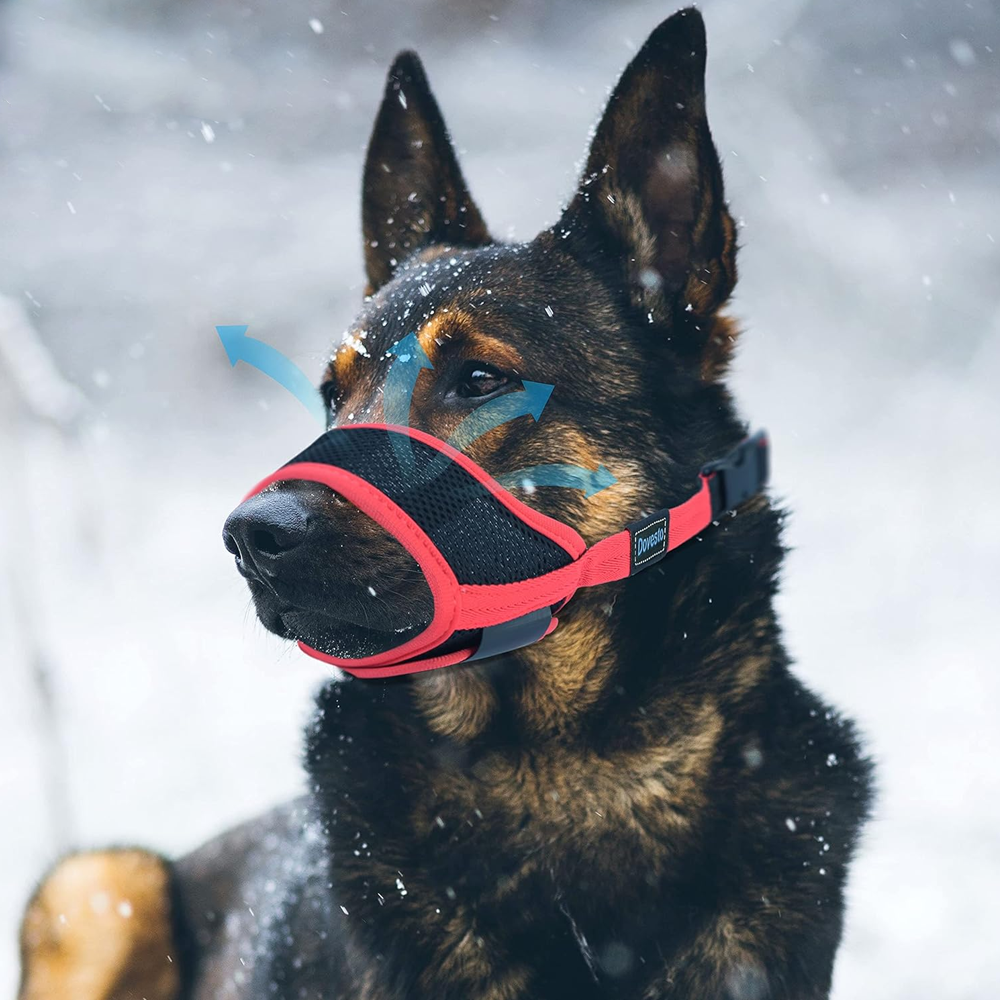 German Shepherd wearing breathable red dog muzzle – soft mesh muzzle for large dogs with ventilation design for safe barking, chewing, and biting control