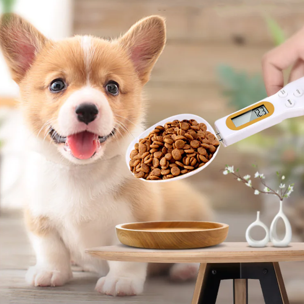 Corgi puppy sitting beside a wooden bowl while a digital pet food measuring scoop with LCD screen holds dry kibble above the bowl, accurate portion control for dogs and cats