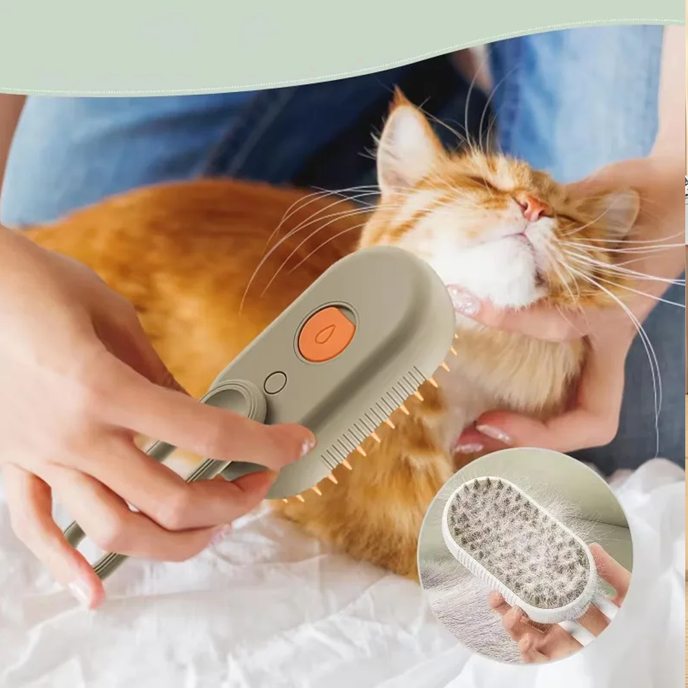 Self-cleaning cat grooming brush with retractable bristles, used for removing loose fur and massaging pets