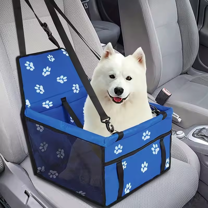 Small white dog sitting in blue pet car seat carrier – portable booster seat for safe dog travel in cars