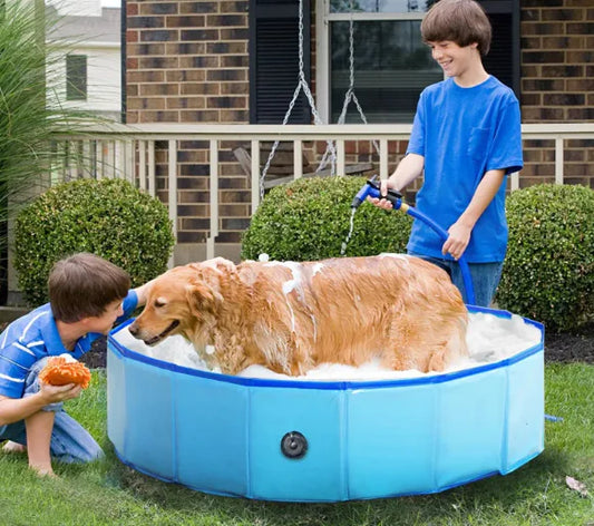 Foldable blue dog pool for bathing large dogs – portable pet swimming pool for outdoor use, durable and easy to clean, great for kids and pets