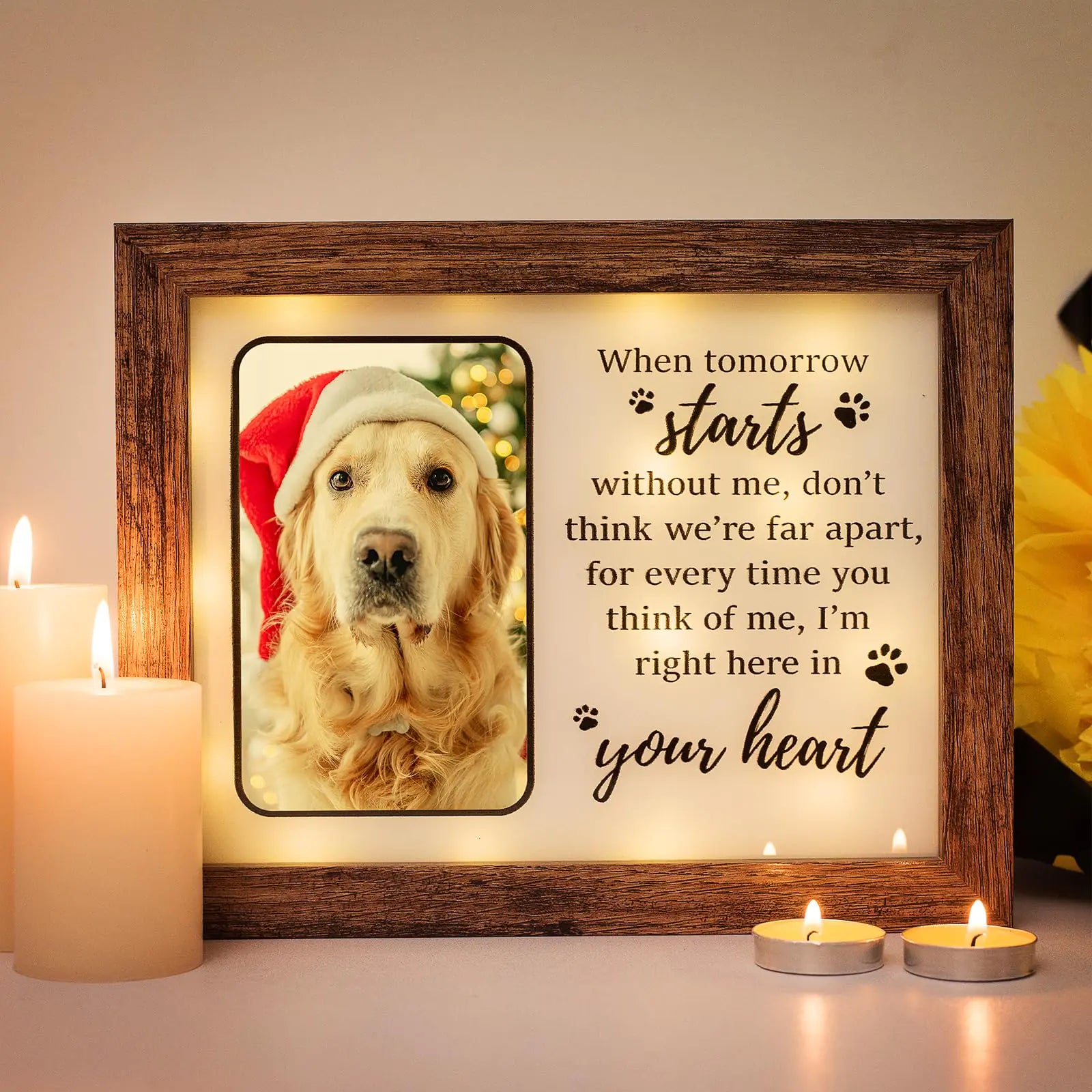 Pet memorial photo frame with a golden retriever in a Santa hat, surrounded by candles, featuring heartfelt message ‘When tomorrow starts without me, I’m right here in your heart’ – remembrance gift for dog lovers