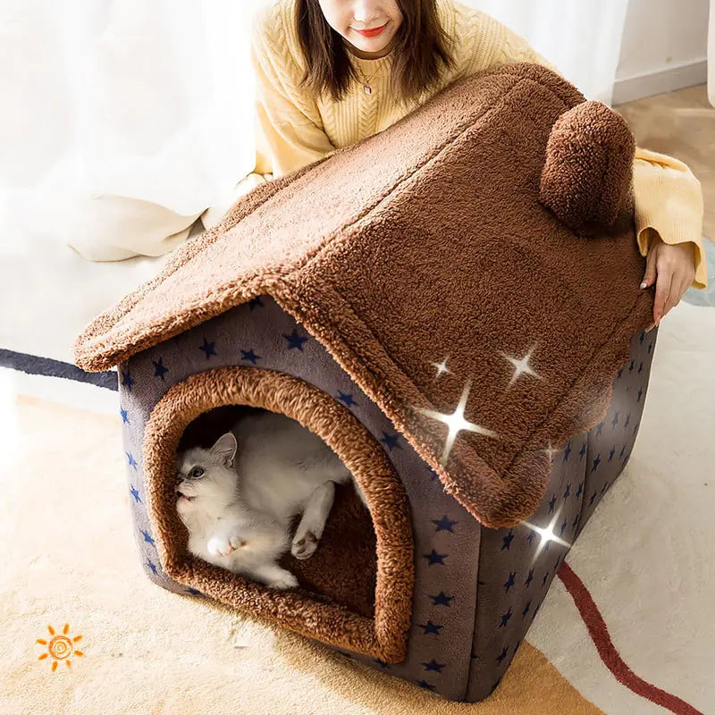 Cozy indoor pet house for cats and small dogs, warm plush doghouse with star pattern, soft removable roof and cushion, perfect for winter sleeping and lounging