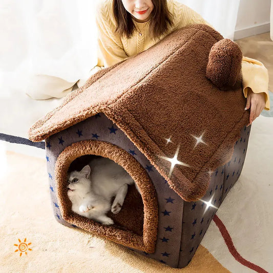 Cozy indoor pet house for cats and small dogs, warm plush doghouse with star pattern, soft removable roof and cushion, perfect for winter sleeping and lounging